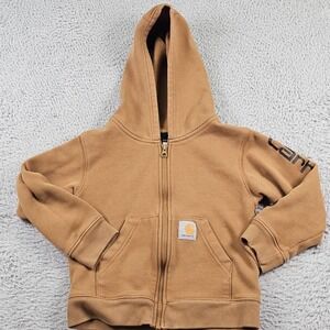 Carhartt Hoodie Sweatshirt Kids 5 Brown Full Zip Fleece Logo Sleeve TS8564-B